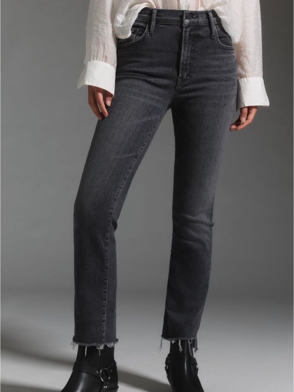 MOTHER The Insider Crop Step Fray Jeans Size 25 Up in Smoke Gray Denim